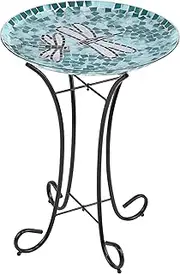 Alpine Corporation HMD196A Alpine 18" Dragonfly Duo Mosaic Glass Metal Stand Birdbath, Multicolor
