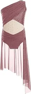 [Jugaoge] Girls One Shoulder Mesh Patchwork Lyrical Dance Skirted Leotard Dress Modern Contemporary Dance Costume
