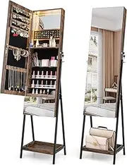 Giantex Lockable Jewelry Cabinet Armoire Freestanding Jewelry Organizer w/Full-Length Mirror, Built-in Makeup Mirror, 3-Color LED Lights, Foldable Shelf, Drawer & Bottom Shelf (Rustic Brown)