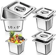 Baderke 4 Pack Stainless Steam Hotel Pans with Lids, 1/6 Sixth Size x 6 Inch Deep, 0.7 mm Thick 304 Stainless Steel Hotel Anti Steam Table Pan for Food Warmer Cooking Heat