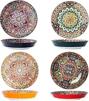 QIXIAOTOUQI 8'' Pasta Bowls Set of 4, Porcelain Salad Bowls, Dessert Bowl Cereal Bowl for Fruit Salad, Pasta, Cereal, etc. Colourful, Dishwasher & Microwave Safe Soup Bowls, Pasta Plates
