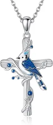 Blue Jay Cross Necklace 925 Sterling Silver Pendant Jewelry Gifts for Women Her