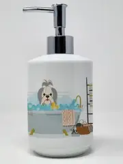 Silver White Shih Tzu in Bathtub Ceramic Soap Dispenser Hand Soap Dispenser