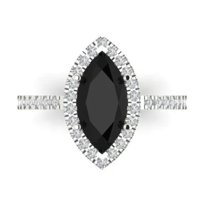 2.38 Marquise Halo Real Onyx Classic Bridal Designer Ring Solid 14k White Gold