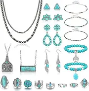 [Sanfenly] Western Jewelry for Women Bohemian Turquoise Jewelry Set Navajo Pearl Necklace Beaded Choker Necklace Turquoise Earrings Bracelet Western Knuckle Rings Turquoise Jewelry for Women