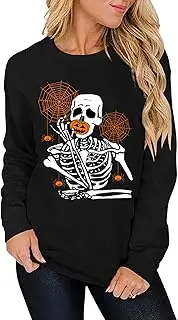 [zarmfly] Women's Halloween Costume Pumpkin Skeleton T-Shirt Funny Long Sleeve Pullover Tops for Ladies