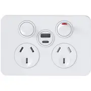 Hager WBSP2SUSBAC Silhouette Series Double Powerpoint, Switchplug Combination, With Single USB Type A+C Charging Outlet, Gloss White
