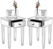 Mirrored End Table with Drawer Silver Modern Nightstand/Bedside/Accent Table Set
