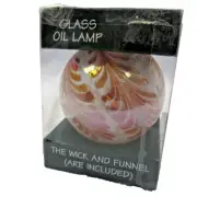 NIB Art Glass Oil Lamp Amber & White Iridescent Round Globe With Wick and Funnel
