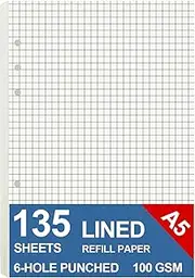 JNBGTU A5 Blank Refill Paper, 6-Hole Punch Loose Leaf Paper, 135 Sheets (270 Pages) Thick Refillable Paper, Suitable for Planner Inserts, Ivory Color, Fluorescent Agent-Free (Squared)
