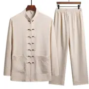 Men Chinese Tang Suit Tai Chi Set Casual Kung Fu Long Sleeve Shirts Pant Uniform