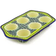 Polish Pottery Muffin Pan 14" Peacock Bumble Bee