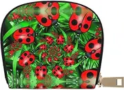 [JEJEA] Red Ladybug Print Credit Card Holder Wallet, Small Card Holder Wallet with Zipper,Leather Card Holder, White, One Size