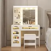Advwin Dressing Table with Mirror and Lights, Makeup Vanity Table with 5 Drawers & 2 Shelves, 3-Color Adjustable Makeup Mirror, Vanity Desk Set with 10 LED Bulbs/Charging Station, White