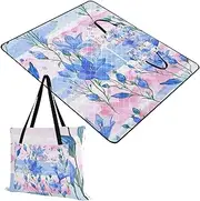 Yoogain Beach Blanket Sandproof Camping Party Large Outdoor Blanket for Kids Spring Gifts Blue Bellflower Pink Light Blue Stripes Watercolor 60x80in
