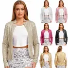 Women Jackets Formal Blazer Sequin Coat Open Front Notch Stand Collar Casual