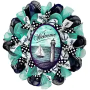 Welcome Lighthouse With Sailboat Coastal Wreath Handmade Deco Mesh
