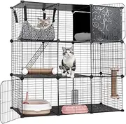 3-Tier DIY Cat Enclosure - Indoor Cage With Large Hammock, Metal Wire House, Litter Box, Bed, Scratchers, Bowl, Stairs for 1-2 Cats