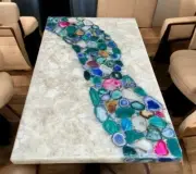 48"x24" White Quartz Stone Center Dining Table With Multi Agate Stone Table Deco