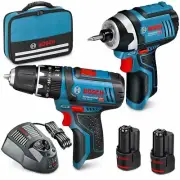 2 Piece Bosch 12V Cordless Hammer Drill & Impact Driver & Battery Combo Tool Kit