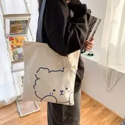Bear Print Canvas Tote Bag Without Charm - Bear - White & Blue - One Size