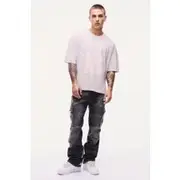 Mens Black Slim Rigid Flare Overdyed Distressed Cargo Jeans