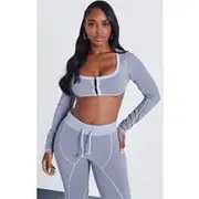 Shape Light Grey Washed Cotton Hook And Eye Long Sleeve Crop Top, Light Grey