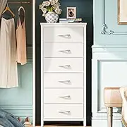 Huuger 6 Drawer Dresser for Bedroom, Tall Dresser & Chests of Drawers, Fabric Dresser for Closet, Bedroom, Night Stand, End Table with Metal Frame, Storage Tower with Fabric Bins, PU Leather, White