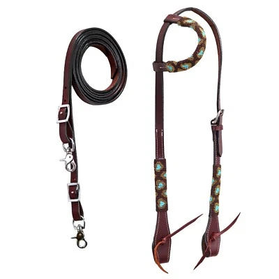 western Leather Equestrian Tooled Beaded Headstall,Breast Collar & Reins. (H076)