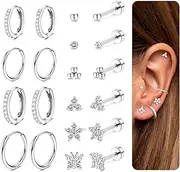 [Kakonia] Flat Back Earrings Stud Hoop Earrings Silver Surgical Steel Earrings Studs Small Huggie Hoop 18K Gold Sleepers Sarrings Cubic Zirconia Butterfly Cartilage Helix Piercing