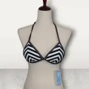 NWT InMocean Fixed Triangle Push Up Bikini Top Black & White Stripes Size Small