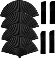 4PCS Black Folding Hand Classic Style Fan Silk Fabric Bamboo Ribs Hand Held Chines/Spanish Foldable Fan for Wedding, Party Favor, Performance, Dance, Home Decorations, Festival, Gift