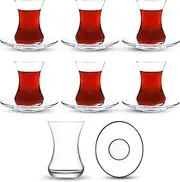 yersiz Turkish Tea Glass Set, Big Size, Slim Waist Design with Thick Base Prevent Tea From Getting Cold, Easy to Keep for 6 People, 6 Elliptical Saucers, 6 Glasses, Useful Set (12 Pieces)