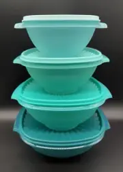 SET OF 4 Tupperware Servalier Nesting Square Storage Bowls Turquoise Green