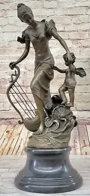 Fantasy Winged Fairy with Mythical Puti Baby Angel Sculpture Signed Moreau decor