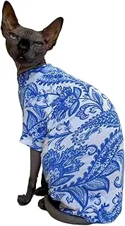 Sphynx Cat Four Leg Cotton Pajamas Elastic Pet Clothes for Hairless Cats Surgery Recovery Suit Undershirt Thermal Clothes for Sphynx, Devon, Cornish (Blue Porcelain, M)
