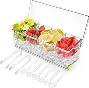 Jucoan Large Ice Chilled Condiment Server with Lid and 4 Removable Compartment, Clear Plastic Condiment Server Caddy Tray Container on Ice with Lid