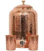 Copper Water Dispenser Matka Hammered With Tumbler 300ml Yog Health 8Ltr