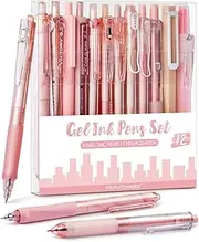 Four Candies FourCandies 12Pack Pastel Gel Ink Pen Set, 11 Pack Black Pens with 1Pack Highlighter for Writing, Retractable 0.5mm Fine Point Pens, Cute Note Taking School Office (Pink)