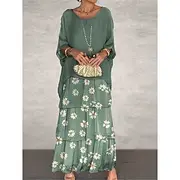 Women's Chiffon Dress Floral Ruffle Print Crew Neck Maxi Dress Elegant Wedding Party 3/4 Length Sleeve Summer