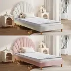 Oikiture Bed Frame with Single Double Mattress Set Scallop-Shape Bedhead Fabric