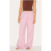 Candy Pink Striped Drawstring Straight Leg Pants, Candy Pink
