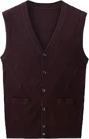 [SWJGLITTR] Men's Jacquard Sweater Vest Knit Button Cardigan Men Vests Cotton V-Neck Sleeveless Cardigans, Wine Red, Medium