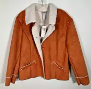 Chico's Jacket Womens 3 XL Sherpa Lined Orange Microsuede Pockets Boho 90s - NEW