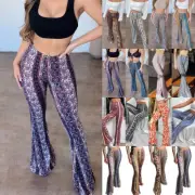 Summer Ladies High Elastic WAIST Retro Print Leggings Yoga Flared Pants Trousers