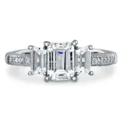 Sterling Silver 925 CZ 3 Stone Emerald Cut Fashion Engagement Promise Ring 4-10