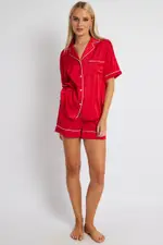 Red Pyjama Set Satin Short Sleeve Contrast Piping PJ - Size L, Women's Satin Set