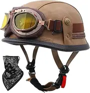 Retro Half Helmet Open Face Motorcycle Helmet Motorbike Leather Half Helmet with Goggles and Face Towel DOT/ECE Approved Adult Men Women Skull Cap Helmet Scooter Moped 1,XL(60-61CK)