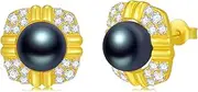 [EKJQB] Silver 9-10MM Tahitian Black Pearl Earring Studs for Her,Sterling Silver Peacock Green Black Tahitian Pearl Vintage Earring Studs for Women Wife Ladies,S925 Silver 18K Yellow Gold Plated,
