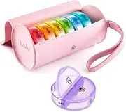 Fullicon PU Case Weekly Pill Box Organiser 2 Times A Day, Travel 7 Day Pill Boxes, Portable Tablet Organiser with Large Compartments for Medicine, Medication, Vitamin, Supplements(Pink/Rainbow)